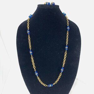 Vintage Contessa Beaded Chainlink Opera Necklace & Clip Earring Set Gold & Blue